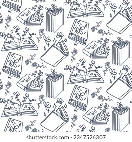 A pattern from books in a contour with elements of plants coming out of books. Open, closed books, a stack of books in the style of doodles with plants. Cute children's fantastic textiles