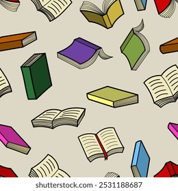 A pattern of books in different colors and positions. Great for education products, library decor, or book promotions. Fun reading and learning.