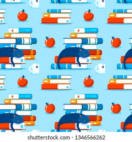 Pattern with books, home literature covert. Piles of books seamless vector pattern. Cat resting on a book. Library pattern illustration. Hobby interest reading. 