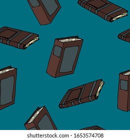 Patrón de libros sobre fondo azul. Estilo de contorno.Para impresión, diseño, superficie trasera, textil, embalaje, lienzo. Ilustración vectorial dibujada a mano. Patrón sin problemas. 