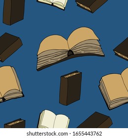 Patrón de libros sobre fondo azul. Estilo de contorno.Para impresión, diseño, superficie trasera, textil, embalaje, lienzo. Ilustración vectorial dibujada a mano. Patrón sin problemas. 