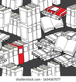 Pattern of books on a brown background. Contour style. For print, design, back surface, textile, packaging, canvas. Hand drawn vector illustration. Seamless pattern.