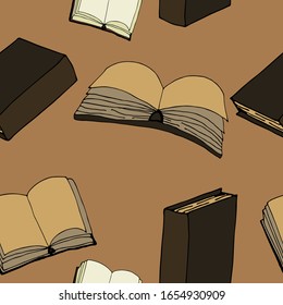 Pattern of books on a brown background. Contour style. For print, design, back surface, textile, packaging, canvas. Hand drawn vector illustration. Seamless pattern.