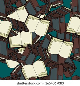 Patrón de libros de fondo verde. Estilo de contorno.Para impresión, diseño, superficie trasera, textil, embalaje, lienzo. Ilustración vectorial dibujada a mano. Patrón sin problemas. 