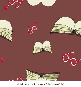Pattern of books and reading glasses on a red background. Contour style. For print, design, back surface, textile, packaging, canvas. Hand drawn vector illustration. Seamless pattern.