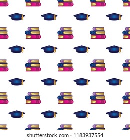 Pattern books, textbooks, academic cap on white background. Study, education, learning and back to school concept. Seamless pattern