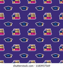 Pattern books, textbooks, academic cap on dark blue background. Study, education, learning and back to school concept. Seamless pattern