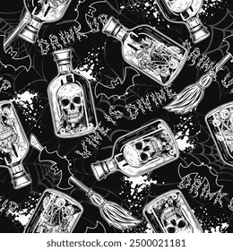 Pattern with bottle of green potion with human skull, eyeballs, mushrooms inside, brooms, bat silhouette, text Drink up. Halloween creepy illustration in vintage style. Not AI