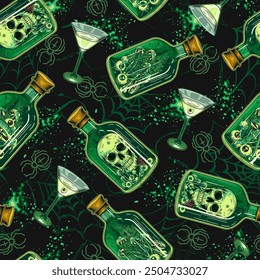 Pattern with bottle of green potion with human skull inside, martini glass with with poisonous cocktail. Distorted spiderweb with crawling spiders on background. Halloween creepy graphics