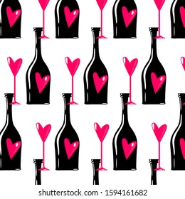 Pattern. A bottle of wine and a heart. Wrapping paper. The cloth. Packaging for wine.