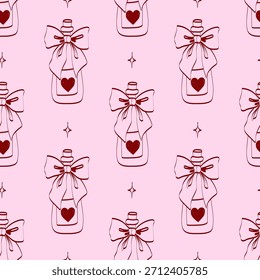 Pattern of bottles with bows and hearts on a pink background