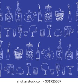 pattern with bottles and glass on the blue background