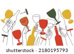 Pattern with Bottles, Glasses and corkscrew. Abstract Wine background. Can be yused like banner, backdrop, poster, logo, template in your design works. Continuous line drawing. Vector illustration.