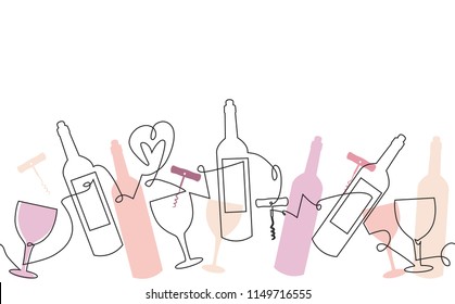 Pattern with Bottles, Glasses and corkscrew. Abstract Wine background. Can be yused like banner, backdrop, poster, logo, template in your design works.  Continuous line drawing. Vector illustration. 