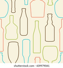 Pattern with bottles. Seamless vector background. Color contours of bottles on light background. Gift packaging design of alcoholic beverages, or party invitation. Menu or restaurant element template.