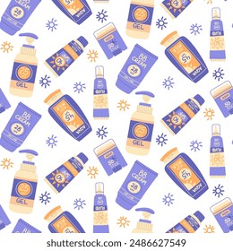 A pattern of bottles with SPF protection and doodle drawings. Protection from sunlight. Products for the face and body. Various cosmetics BB, milk, fluid, stick. The texture of the various vials