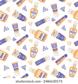 Pattern of bottles with SPF protection and doodle drawings. Protection from sunlight. Products for the face, body, lips. Various cosmetics lotion, cream, spray, lip balm. Texture of the various vials