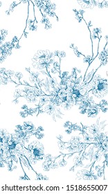 Pattern with bouquet of flowers in toile de jpuy stile, blue on white background