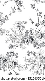 Pattern with bouquet of flowers in toile de jpuy stile on white background