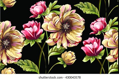 Pattern with bouquet of flowers,tulip,peony, narcissus on black