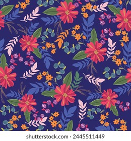 Ramo de flores con hojas y brote, dibujo de acuarela sobre fondo negro