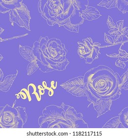 Pattern bouquet Rose flowers. Hand drawn sketch. Vector illustration isolated on violet background. Template for the print.