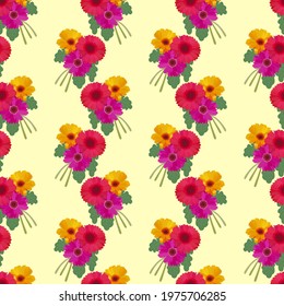 Pattern with a bouquet of three gerberas of different colors with leaves on a yellow background.