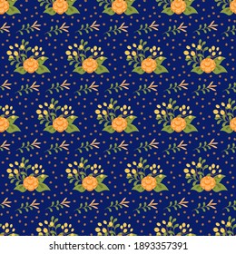 A pattern of bouquets with yellow flowers. Stylized roses and different flowers. Summer vector illustration on a blue background. For wrapping paper, decoration, fabric, and scrapbooking.