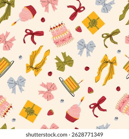Pattern with bow and cake in cartoon style. Simple decorative bow. Red bow for presents wrapping elements isolated. Gift birthday, sale decor. For poster, greeting card, invitation