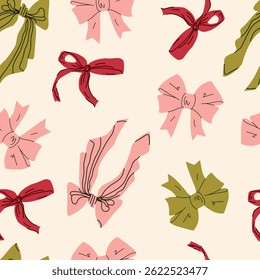 Pattern with bow in cartoon style. Simple decorative bow. Red bow for presents wrapping elements isolated. Gift birthday, Valentine`s xmas March 8 sale decor. For poster, greeting card, invitation
