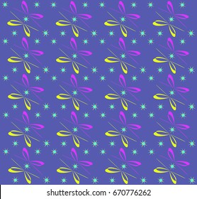 A pattern, a bowknot shade of  fuchsia,a bowknot shade of calendula, a star of two shades of heaven and calendula. A background of azure blue