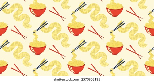 Pattern of Bowl Noodles and Chopsticks. Seamless pattern of ramen noodles with chopsticks lifting noodles from red bowl. For wallpaper, fabric, wrapping paper.