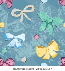 Pattern with bows and dots, cut outs, paper like. Vector, isolated. Interesting new style with texture.