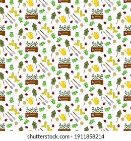 Pattern with a box of garden flowers and tools. Vector illustration with attributes for the garden. For design, fabrics, paper for packaging, covers, scrapbooking.