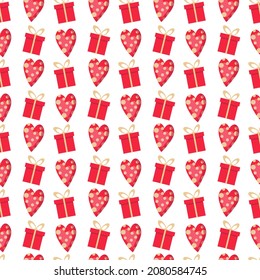 Muster mit einer Schachtel von Geschenken und Herzen für Valentinstag. Vektorgrafik. Zur Verwendung bei der Gestaltung von Karten, Einladungen, Drucksachen, Stoffen, Geschenkgeschäften, Verpackungen, Cover und Broschüren.