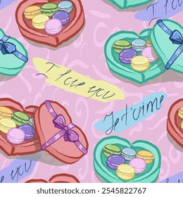 Pattern with Box in a heart shape with macaroons. And words “love you” in French. Hand draw, handwritten vector pattern with texture and interesting colors. Perfect for Valentine day.