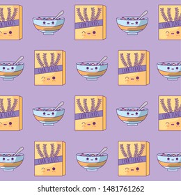 Pattern Of Boxes And Dishes With Cereal Kawaii Style