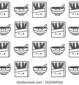 pattern of boxes and dishes with cereal kawaii style vector illustration design