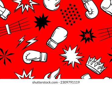 Pattern with boxing items. Box club illustration. Sport background in cartoon style.