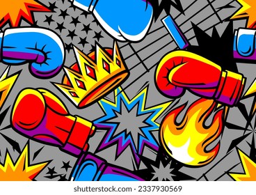 Pattern with boxing items. Box club illustration. Sport background in cartoon style.