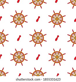 Pattern for a boy. Marine theme. Steering wheel of the ship on a white background. Red figures, geometric pattern.