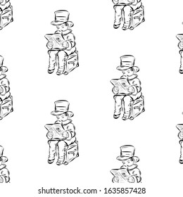 Pattern of Boy in top hat reads newspaper while sitting on chest