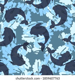 Pattern for boys. Childrens shirts. Dolphins seamless pattern on a gray background. Dark spots, texture, texture. Pattern for boys. Seamless patterns.