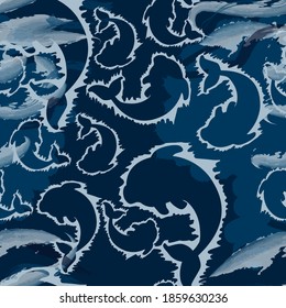 Pattern for boys. Childrens shirts. Dolphins seamless pattern on a dark blue background. Blue spots, texture, texture. Pattern for boys. Seamless patterns.