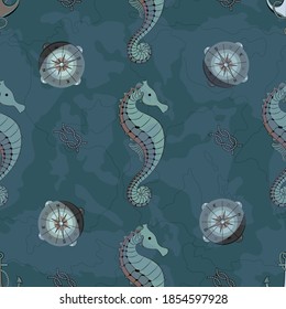 Pattern for boys. Marine theme. Seamless pattern with seahorse and compass. World map outlines.