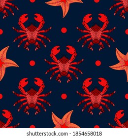 Pattern for boys. Marine theme. Seamless pattern with red crabs and starfish on a blue background. Red dots. Contemporary colors.