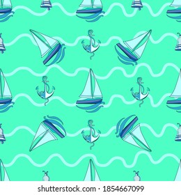Patrón para los chicos. Tema marino. Patrón incomparable con botes, anclas y campanas sobre un fondo turquesa claro. Olas blancas. Colores pasteles.