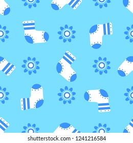 Pattern for boys with pacifier and flowers on blue background. Suitable for textile, fabric, Wallpaper, decor, greetings, wrapping paper.