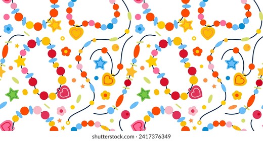 Pattern with bracelets with colorful beads different forms.Kids cute wristlet.Beads bracelets pattern.Cute bangles beads,DIY. Cartoon children's jewelry vector seamless pattern on white background	