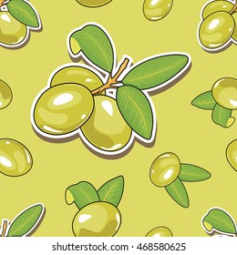 Pattern with branch with green olives, leaves on an olive background. Vector illustration.